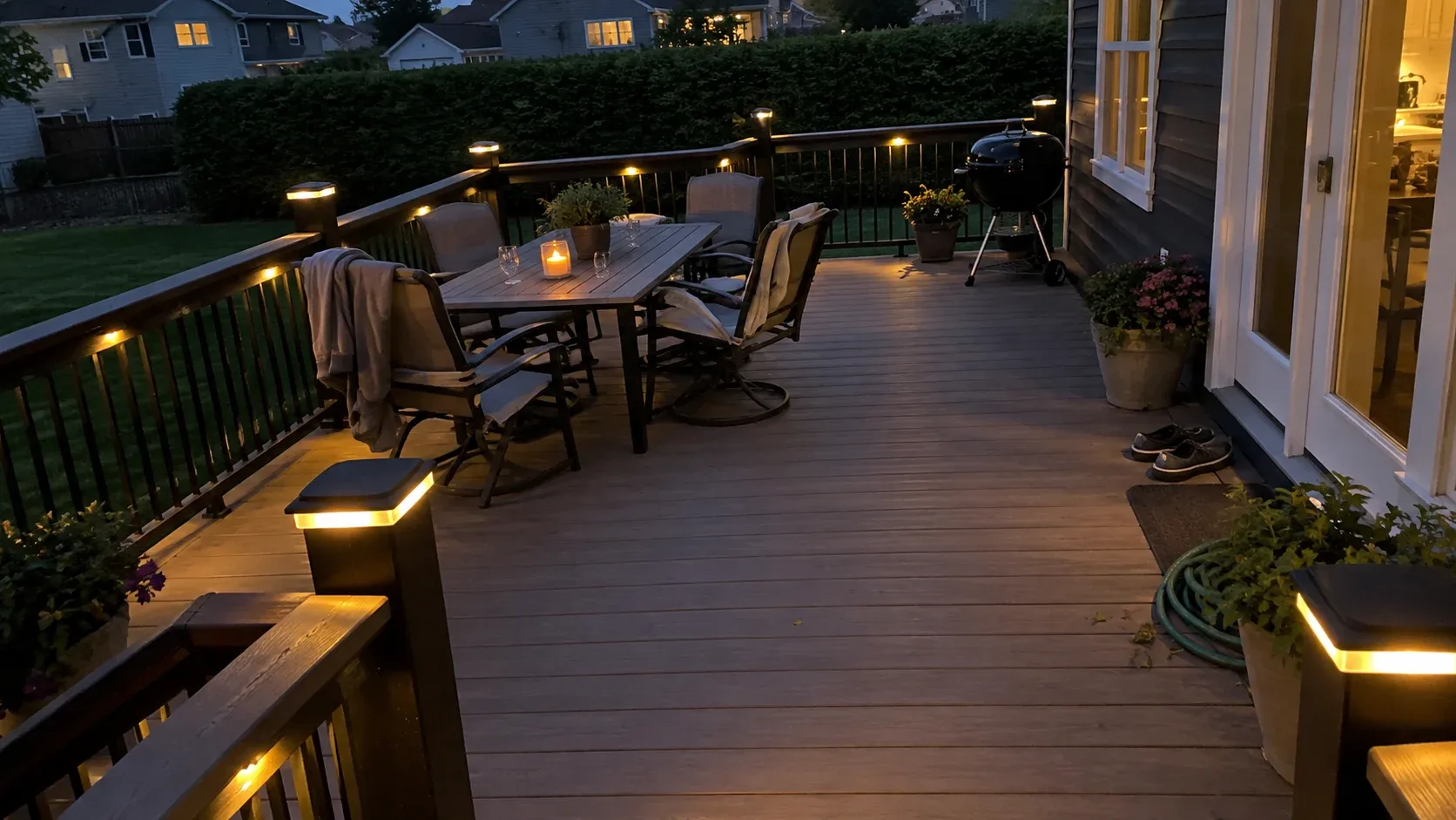 A composite deck at dusk with warm lights in the railing posts and stair risers
