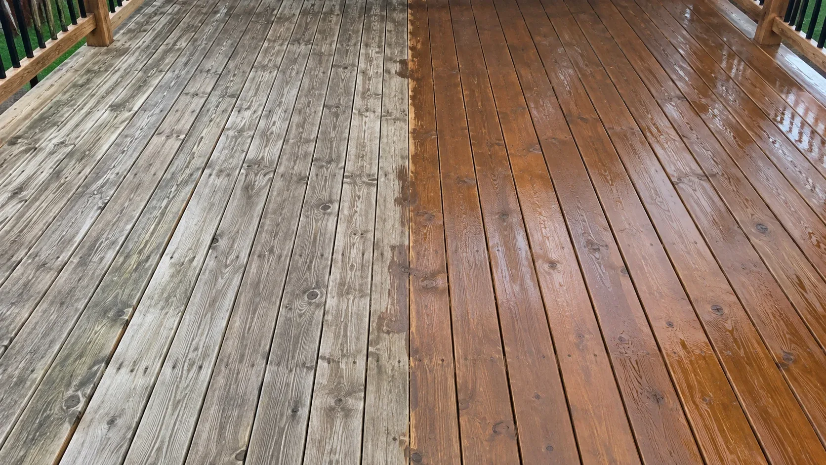 A close-up of a backyard wood deck half restored, weathered grey boards on one side and freshly stained rich brown boards on the other