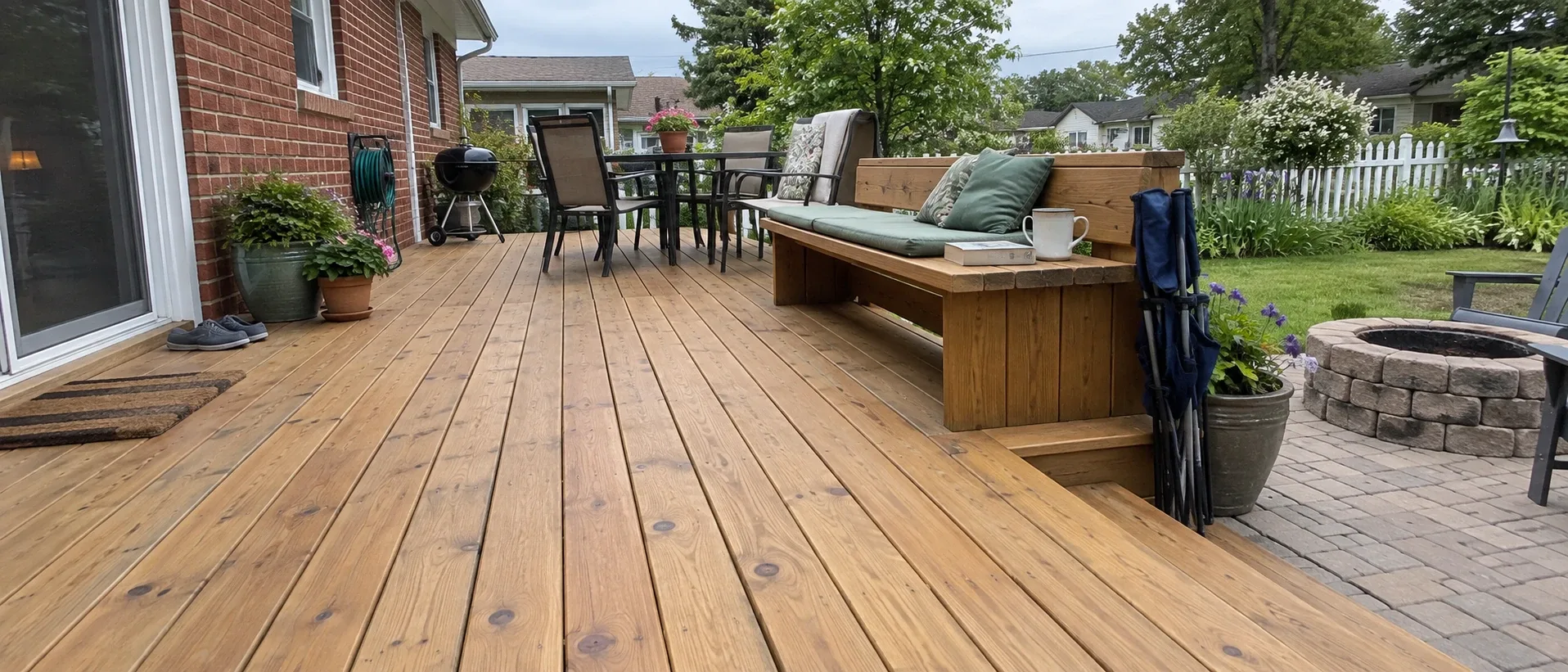 A stained cedar deck with a long built in bench
