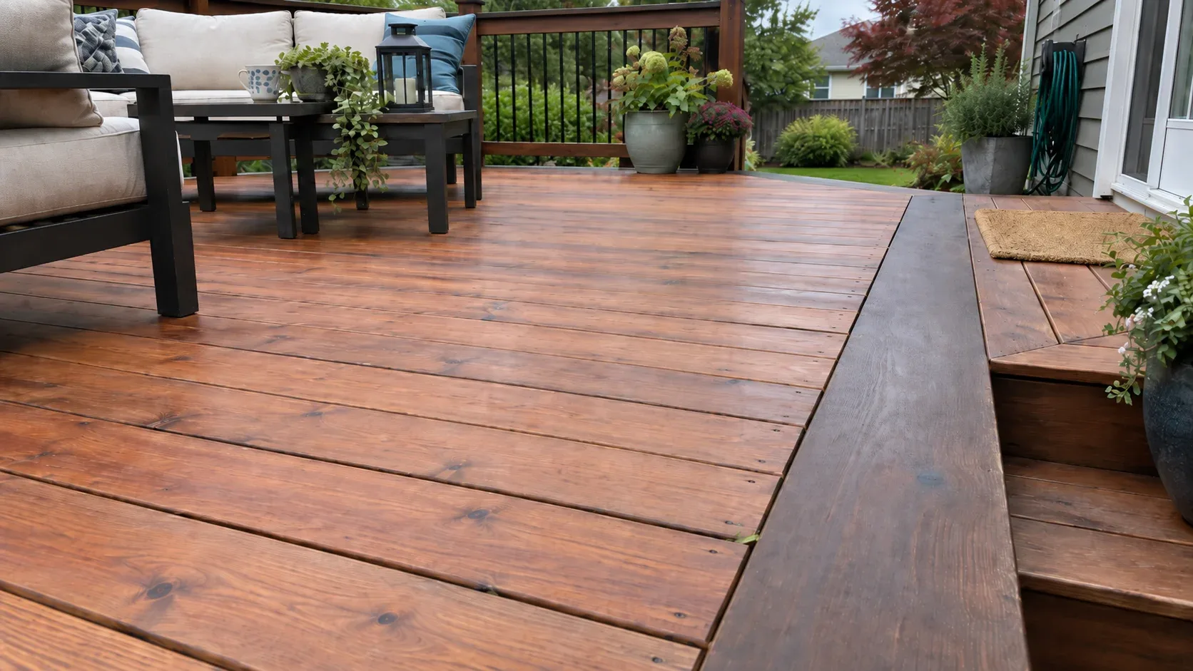 Warm red brown cedar decking meeting a darker tropical hardwood border board in low evening light